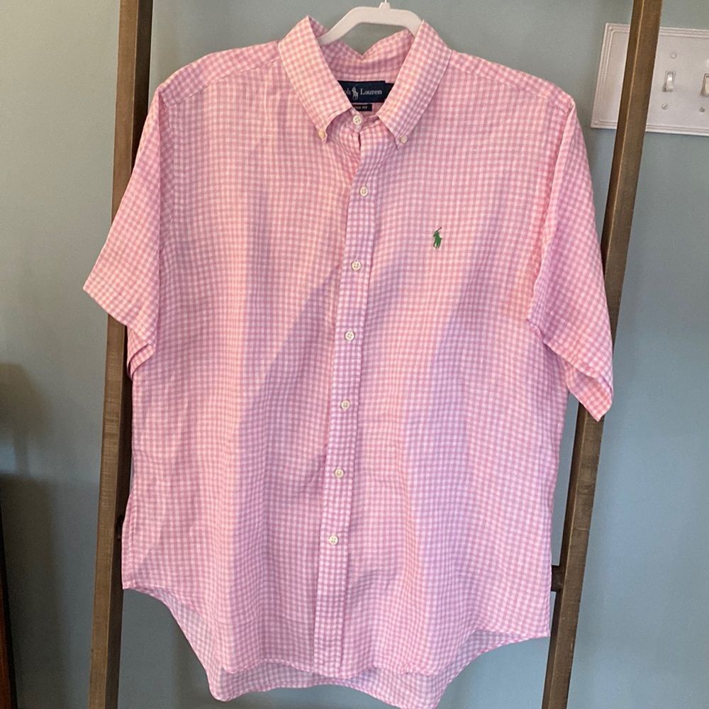 Ralph Lauren Pink & White Checked Linen Classic Fit Shirt Size Large